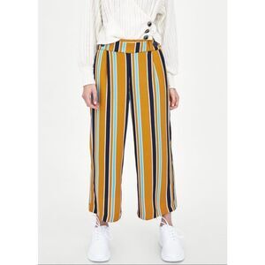 Zara TRF Mustard Striped Wide Leg Culotte Cropped Pull On Pants Size Small‎